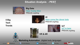 © PR Smith PRSmith.org PR Smith Marketing PR Smith Marketing PR_Smith
Situation Analysis - PEST
5 Big
Tech
Trends
Big Data
How Trump Won
PRSmith.org/blog
AI
Here come the clever bots
PRSmith.org/blog
IoT
IoT is here
PRSmith.org/blog
VR & AR
Marketing Automation (digital body language)
 