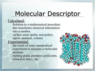 Molecular Descriptor Calculated: Solution to a mathematical procedure that transforms chemical information into a number surface areas (polar, non-polar), dipole moment, volume Experimental: the result of some standardized experiment to measure a molecular attribute  melting point, partition coeficients, refractive index, etc. 