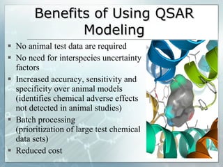 Benefits of Using QSAR Modeling No animal test data are required No need for interspecies uncertainty factors Increased accuracy, sensitivity and specificity over animal models (identifies chemical adverse effects not detected in animal studies) Batch processing (prioritization of large test chemical data sets) Reduced cost 