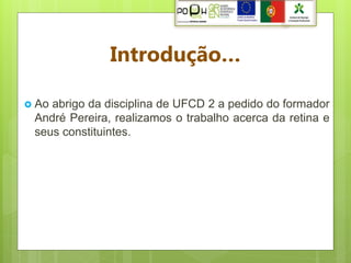 Introdução…

   Ao abrigo da disciplina de UFCD 2 a pedido do formador
    André Pereira, realizamos o trabalho acerca da retina e
    seus constituintes.
 