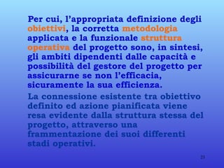 Per cui, l’appropriata definizione degli  obiettivi , la corretta  metodologia  applicata e la funzionale  struttura operativa  del progetto sono, in sintesi, gli ambiti dipendenti dalle capacità e possibilità del gestore del progetto per assicurarne se non l’efficacia, sicuramente la sua efficienza. La connessione esistente tra obiettivo definito ed azione pianificata viene resa evidente dalla struttura stessa del progetto, attraverso una frammentazione dei suoi differenti stadi operativi. 