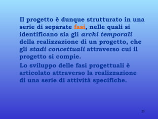 Il progetto è dunque strutturato in una serie di separate  fasi , nelle quali si identificano sia gli  archi temporali  della realizzazione di un progetto, che gli  stadi concettuali  attraverso cui il progetto si compie. Lo sviluppo delle fasi progettuali è articolato attraverso la realizzazione di una serie di attività   specifiche. 