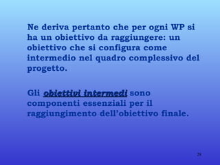 Ne deriva pertanto che per ogni WP si ha un obiettivo da raggiungere: un obiettivo che si configura come intermedio nel quadro complessivo del progetto. Gli  obiettivi intermedi  sono componenti essenziali per il raggiungimento dell’obiettivo finale. 