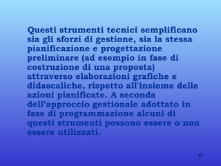 Questi strumenti tecnici semplificano sia gli sforzi di gestione, sia la stessa pianificazione e progettazione preliminare (ad esempio in fase di costruzione di una proposta) attraverso elaborazioni grafiche e didascaliche, rispetto all'insieme delle azioni pianificate. A seconda dell’approccio gestionale adottato in fase di programmazione alcuni di questi strumenti possono essere o non essere utilizzati.  