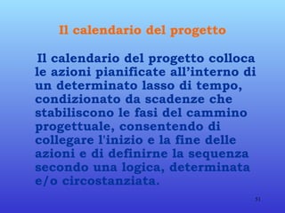 Il calendario del progetto Il calendario del progetto colloca le azioni pianificate all’interno di un determinato lasso di tempo, condizionato da scadenze che stabiliscono le fasi del cammino progettuale, consentendo di collegare l'inizio e la fine delle azioni e di definirne la sequenza secondo una logica, determinata e/o circostanziata.  