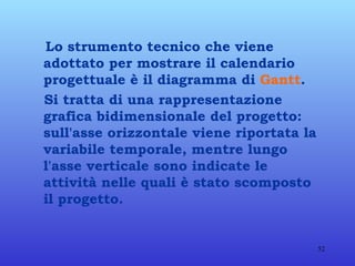 Lo strumento tecnico che viene adottato per mostrare il calendario progettuale è il diagramma di  Gantt . Si tratta di una rappresentazione grafica bidimensionale del progetto: sull'asse orizzontale viene riportata la variabile temporale, mentre lungo l'asse verticale sono indicate le attività nelle quali è stato scomposto il progetto. 