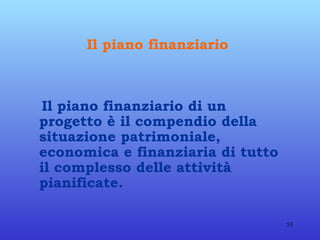 Il piano finanziario   Il piano finanziario di un progetto è il compendio della situazione patrimoniale, economica e finanziaria di tutto il complesso delle attività pianificate. 