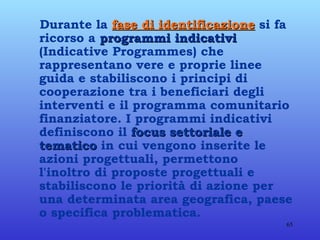 Durante la  fase di identificazione  si fa ricorso a  programmi indicativi  (Indicative Programmes) che rappresentano vere e proprie linee guida e stabiliscono i principi di cooperazione tra i beneficiari degli interventi e il programma comunitario finanziatore. I programmi indicativi definiscono il  focus settoriale e tematico  in cui vengono inserite le azioni progettuali, permettono l'inoltro di proposte progettuali e stabiliscono le priorità di azione per una determinata area geografica, paese o specifica problematica. 