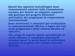 Questi due approcci metodologici sono comunemente adottati dalla Commissione europea per fornire un adeguato supporto alla gestione dei progetti finanziati nell'ambito dei programmi di cooperazione internazionale.  Sono strutturati e concepiti per evidenziare la consequenzialità efficace e logica dei vari stadi progettuali e delle relative finalità ed obiettivi. Allo scopo di esporre queste metodologie in modo efficace, è comunque importante schematizzare in pochi punti la definizione generale di progetto ed i relativi concetti basilari. 