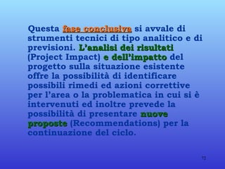Questa  fase conclusiva  si avvale di strumenti tecnici di tipo analitico e di previsioni.  L’analisi dei risultati  (Project Impact)  e dell’impatto  del progetto sulla situazione esistente offre la possibilità di identificare possibili rimedi ed azioni correttive per l’area o la problematica in cui si è intervenuti ed inoltre prevede la possibilità di presentare  nuove proposte  (Recommendations) per la continuazione del ciclo. 