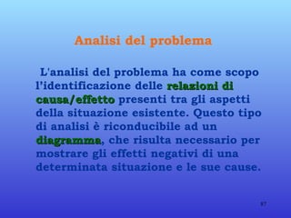 Analisi del problema   L'analisi del problema ha come scopo l’identificazione delle  relazioni di causa/effetto  presenti tra gli aspetti della situazione esistente. Questo tipo di analisi è riconducibile ad un  diagramma , che risulta necessario per mostrare gli effetti negativi di una determinata situazione e le sue cause.   