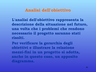 Analisi dell'obiettivo L'analisi dell'obiettivo rappresenta la descrizione della situazione nel futuro, una volta che i problemi che rendono necessario il progetto saranno stati risolti. Per verificare la gerarchia degli obiettivi e illustrare la relazione mezzi-fini in un progetto si adotta, anche in questo caso, un apposito diagramma. 