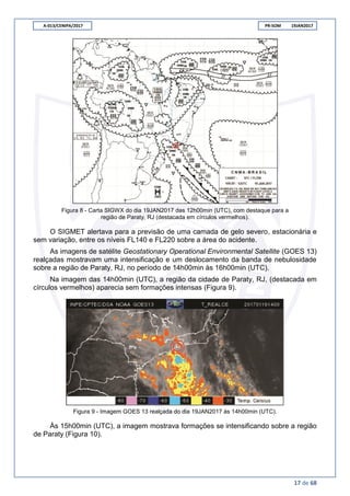A-013/CENIPA/2017 PR-SOM 19JAN2017
17 de 68
Figura 8 - Carta SIGWX do dia 19JAN2017 das 12h00min (UTC), com destaque para a
região de Paraty, RJ (destacada em círculos vermelhos).
O SIGMET alertava para a previsão de uma camada de gelo severo, estacionária e
sem variação, entre os níveis FL140 e FL220 sobre a área do acidente.
As imagens de satélite Geostationary Operational Environmental Satellite (GOES 13)
realçadas mostravam uma intensificação e um deslocamento da banda de nebulosidade
sobre a região de Paraty, RJ, no período de 14h00min às 16h00min (UTC).
Na imagem das 14h00min (UTC), a região da cidade de Paraty, RJ, (destacada em
círculos vermelhos) aparecia sem formações intensas (Figura 9).
Figura 9 - Imagem GOES 13 realçada do dia 19JAN2017 às 14h00min (UTC).
Às 15h00min (UTC), a imagem mostrava formações se intensificando sobre a região
de Paraty (Figura 10).
 