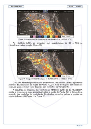 A-013/CENIPA/2017 PR-SOM 19JAN2017
18 de 68
Figura 10 - Imagem GOES 13 realçada do dia 19JAN2017 às 15h00min (UTC).
Às 16h00min (UTC), as formações com características de CB e TCU se
intensificaram sobre a região (Figura 11).
Figura 11 - Imagem GOES 13 realçada do dia 19JAN2017 às 16h00min (UTC).
O RADAR Meteorológico localizado em Petrópolis, RJ (Pico do Couto), registrava o
potencial de precipitação da região de Paraty, RJ, por meio de imagens com escala de
cores, as quais poderiam variar de zero a cem milímetros por hora (mm/h).
A sequência de imagens, das 15h06min às 15h56min (UTC) do dia 19JAN2017,
mostra a presença de água precipitável sobre a região de Paraty, RJ, e demonstra a
evolução das condições de precipitação. Os círculos vermelhos indicam a posição da
cidade de Paraty, RJ (Figura 12 a Figura 17).
 