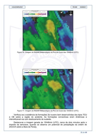 A-013/CENIPA/2017 PR-SOM 19JAN2017
21 de 68
Figura 16 - Imagem do RADAR Meteorológico do Pico do Couto das 15h46min (UTC).
Figura 17 - Imagem do RADAR Meteorológico do Pico do Couto das 15h56min (UTC).
Verificou-se a existência de formações de nuvens bem desenvolvidas dos tipos TCU
e CB sobre a região do acidente. As formações convectivas eram dinâmicas e
intensificavam-se com deslocamento de sudeste.
Destaca-se a imagem gerada às 15h46min (UTC), cerca de dois minutos após o
impacto da aeronave, quando se observa um potencial de precipitação da ordem de
25mm/h sobre a Baía de Paraty.
 