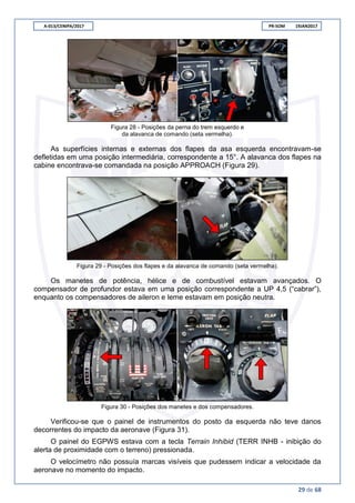 A-013/CENIPA/2017 PR-SOM 19JAN2017
29 de 68
Figura 28 - Posições da perna do trem esquerdo e
da alavanca de comando (seta vermelha).
As superfícies internas e externas dos flapes da asa esquerda encontravam-se
defletidas em uma posição intermediária, correspondente a 15°. A alavanca dos flapes na
cabine encontrava-se comandada na posição APPROACH (Figura 29).
Figura 29 - Posições dos flapes e da alavanca de comando (seta vermelha).
Os manetes de potência, hélice e de combustível estavam avançados. O
compensador de profundor estava em uma posição correspondente a UP 4,5 (“cabrar”),
enquanto os compensadores de aileron e leme estavam em posição neutra.
Figura 30 - Posições dos manetes e dos compensadores.
Verificou-se que o painel de instrumentos do posto da esquerda não teve danos
decorrentes do impacto da aeronave (Figura 31).
O painel do EGPWS estava com a tecla Terrain Inhibid (TERR INHB - inibição do
alerta de proximidade com o terreno) pressionada.
O velocímetro não possuía marcas visíveis que pudessem indicar a velocidade da
aeronave no momento do impacto.
 