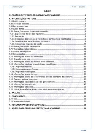 A-013/CENIPA/2017 PR-SOM 19JAN2017
4 de 68
ÍNDICE
GLOSSÁRIO DE TERMOS TÉCNICOS E ABREVIATURAS.............................................5
1. INFORMAÇÕES FACTUAIS..........................................................................................8
1.1.Histórico do voo.............................................................................................................8
1.2.Lesões às pessoas........................................................................................................8
1.3.Danos à aeronave. ........................................................................................................8
1.4.Outros danos.................................................................................................................9
1.5.Informações acerca do pessoal envolvido.....................................................................9
1.5.1.Experiência de voo dos tripulantes...........................................................................9
1.5.2.Formação. ................................................................................................................9
1.5.3.Categorias das licenças e validade dos certificados e habilitações. ........................9
1.5.4.Qualificação e experiência no tipo de voo................................................................9
1.5.5.Validade da inspeção de saúde. ............................................................................11
1.6.Informações acerca da aeronave. ...............................................................................11
1.7.Informações meteorológicas. ......................................................................................15
1.8.Auxílios à navegação. .................................................................................................24
1.9.Comunicações.............................................................................................................24
1.10.Informações acerca do aeródromo............................................................................24
1.11.Gravadores de voo....................................................................................................25
1.12.Informações acerca do impacto e dos destroços. .....................................................26
1.13.Informações médicas, ergonômicas e psicológicas. .................................................32
1.13.1.Aspectos médicos.................................................................................................32
1.13.2.Informações ergonômicas.....................................................................................35
1.13.3.Aspectos Psicológicos..........................................................................................35
1.14.Informações acerca de fogo......................................................................................38
1.15.Informações acerca de sobrevivência e/ou de abandono da aeronave. ...................38
1.16.Exames, testes e pesquisas......................................................................................38
1.17.Informações organizacionais e de gerenciamento. ...................................................46
1.18.Informações operacionais. ........................................................................................47
1.19.Informações adicionais..............................................................................................53
1.20.Utilização ou efetivação de outras técnicas de investigação.....................................58
2. ANÁLISE. .....................................................................................................................58
3. CONCLUSÕES.............................................................................................................65
3.1.Fatos. ..........................................................................................................................65
3.2.Fatores contribuintes...................................................................................................66
4. RECOMENDAÇÕES DE SEGURANÇA ......................................................................68
5. AÇÕES CORRETIVAS OU PREVENTIVAS ADOTADAS...........................................68
 