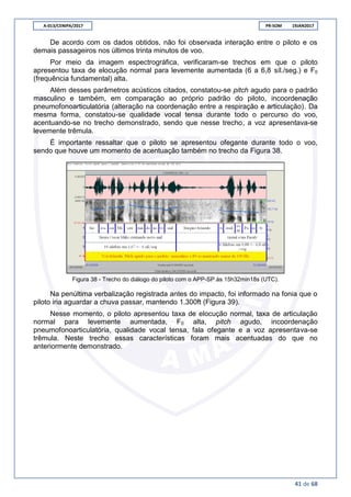 A-013/CENIPA/2017 PR-SOM 19JAN2017
41 de 68
De acordo com os dados obtidos, não foi observada interação entre o piloto e os
demais passageiros nos últimos trinta minutos de voo.
Por meio da imagem espectrográfica, verificaram-se trechos em que o piloto
apresentou taxa de elocução normal para levemente aumentada (6 a 6,8 síl./seg.) e F0
(frequência fundamental) alta.
Além desses parâmetros acústicos citados, constatou-se pitch agudo para o padrão
masculino e também, em comparação ao próprio padrão do piloto, incoordenação
pneumofonoarticulatória (alteração na coordenação entre a respiração e articulação). Da
mesma forma, constatou-se qualidade vocal tensa durante todo o percurso do voo,
acentuando-se no trecho demonstrado, sendo que nesse trecho, a voz apresentava-se
levemente trêmula.
É importante ressaltar que o piloto se apresentou ofegante durante todo o voo,
sendo que houve um momento de acentuação também no trecho da Figura 38.
Figura 38 - Trecho do diálogo do piloto com o APP-SP às 15h32min18s (UTC).
Na penúltima verbalização registrada antes do impacto, foi informado na fonia que o
piloto iria aguardar a chuva passar, mantendo 1.300ft (Figura 39).
Nesse momento, o piloto apresentou taxa de elocução normal, taxa de articulação
normal para levemente aumentada, F0 alta, pitch agudo, incoordenação
pneumofonoarticulatória, qualidade vocal tensa, fala ofegante e a voz apresentava-se
trêmula. Neste trecho essas características foram mais acentuadas do que no
anteriormente demonstrado.
 