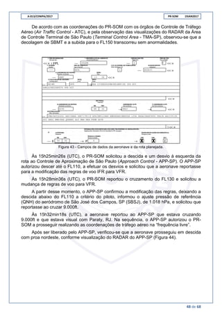 A-013/CENIPA/2017 PR-SOM 19JAN2017
48 de 68
De acordo com as coordenações do PR-SOM com os órgãos de Controle de Tráfego
Aéreo (Air Traffic Control - ATC), e pela observação das visualizações do RADAR da Área
de Controle Terminal de São Paulo (Terminal Control Area - TMA-SP), observou-se que a
decolagem de SBMT e a subida para o FL150 transcorreu sem anormalidades.
Figura 43 - Campos de dados da aeronave e da rota planejada.
Às 15h25min26s (UTC), o PR-SOM solicitou a descida e um desvio à esquerda da
rota ao Controle de Aproximação de São Paulo (Approach Control - APP-SP). O APP-SP
autorizou descer até o FL110, a efetuar os desvios e solicitou que a aeronave reportasse
para a modificação das regras de voo IFR para VFR.
Às 15h28min36s (UTC), o PR-SOM reportou o cruzamento do FL130 e solicitou a
mudança de regras de voo para VFR.
A partir desse momento, o APP-SP confirmou a modificação das regras, deixando a
descida abaixo do FL110 a critério do piloto, informou o ajuste pressão de referência
(QNH) do aeródromo de São José dos Campos, SP (SBSJ), de 1.018 hPa, e solicitou que
reportasse ao cruzar 9.000ft.
Às 15h32min18s (UTC), a aeronave reportou ao APP-SP que estava cruzando
9.000ft e que estava visual com Paraty, RJ. Na sequência, o APP-SP autorizou o PR-
SOM a prosseguir realizando as coordenações de tráfego aéreo na “frequência livre”.
Após ser liberado pelo APP-SP, verificou-se que a aeronave prosseguiu em descida
com proa nordeste, conforme visualização do RADAR do APP-SP (Figura 44).
 