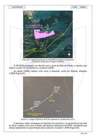 A-013/CENIPA/2017 PR-SOM 19JAN2017
50 de 68
Figura 46 - Trajetória da descida do PR-SOM em relação à propriedade
do operador da aeronave (imagem ilustrativa).
O PR-SOM prosseguiu em descida com a proa da Baía de Paraty e reportou que
estava no setor “E” do aeródromo, cruzando 3.800ft.
Ao atingir 3.200ft, realizou uma curva à esquerda, ainda em descida, atingindo
2.300ft (Figura 47).
Figura 47 - Imagem RADAR do APP-SP registrada às 15h38min44s (UTC).
A aeronave, então, prosseguiu em descida com proa Sul e, ao aproximar-se da linha
do litoral, realizou uma curva à direita, até aproar o aeródromo de SDTK, reportando que
estava ingressando na aproximação para a pista 28, cruzando 1.500ft (Figura 48).
 