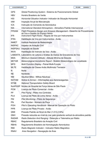 A-013/CENIPA/2017 PR-SOM 19JAN2017
6 de 68
GPS Global Positioning System - Sistema de Posicionamento Global
HBV Horário Brasileiro de Verão
HSI Horizontal Situation Indicator- Indicador de Situação Horizontal
IAM Inspeção Anual de Manutenção
ICA Instrução do Comando da Aeronáutica
ISA International Standard Atmosphere - Atmosfera Padrão Internacional
FPDAM Flight Procedure Design and Airspace Management - Desenho de Procedimento
de Voo e Gestão do Espaço Aéreo
IFR Instrument Flight Rules - Regras de Voo por Instrumentos
IFRA Habilitação de Voo por Instrumentos - Avião
INMET Instituto Nacional de Meteorologia
INSPAC Inspetor de Aviação Civil
INSPSAU Inspeção de Saúde
INVA Habilitação de Instrutor de Voo - Avião
LABDATA Laboratório de Leitura e Análise de Dados de Gravadores de Voo
MDA Minimum Descent Altitude - Altitude Mínima de Descida
METAR Meteorological Aerodrome Report - Boletim Meteorológico de Localidade
MFD Multi Function Display - Painel Multi-Função
MLTE Habilitação de Classe Avião Multimotor Terrestre
N Norte
NE Nordeste
NM Nautical Miles - Milhas Náuticas
NOTAM Notice to Airmen - Informações aos Aeronavegantes
NTSB National Transportation Safety Board
NuHFASP Núcleo de Hospital de Força Aérea de São Paulo
PCM Licença de Piloto Comercial - Avião
PF Pilot Flying - Piloto nos Controles
PLA Licença de Piloto de Linha Aérea - Avião
PM Pilot Monitoring - Piloto de Segurança
PN Part Number - Número da Peça
POH Pilot’s Operating Handbook - Manual de Operação do Piloto
PPR Licença de Piloto Privado - Avião
QNE Pressão Padrão ao Nível do Mar (1.013,2 hPa)
QNH Pressão reduzida ao nível do mar pelo gradiente vertical da atmosfera padrão
RADAR Radio Detection And Ranging - Detecção e Telemetria por Rádio
RBAC Regulamento Brasileiro da Aviação Civil
RBHA Regulamento Brasileiro de Homologação Aeronáutica
RMI Radio Magnetic Indicator - Indicador Rádio Magnético
RNAV Area Navigation - Navegação de Área
 