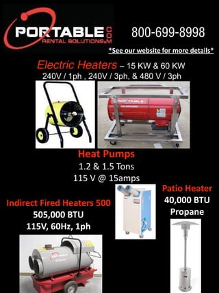 800-699-8998
                           *See our website for more details* 

       Electric Heaters – 15 KW & 60 KW
         240V / 1ph , 240V / 3ph, & 480 V / 3ph 




                  Heat Pumps  
                  1.2 & 1.5 Tons 
                 115 V @ 15amps 
                                            Patio Heater 
Indirect Fired Heaters 500                  40,000 BTU 
       505,000 BTU                            Propane 
     115V, 60Hz, 1ph 
 