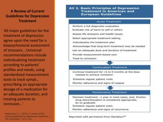 Gelenberg, A. J. (2010). A review of the
current guidelines for depression treatment. J
Clin Psychiatry, 71(7), e15.
A Review of Current
Guidelines for Depression
Treatment
‘All major guidelines for the
treatment of depression
agree upon the need for a
biopsychosocial assessment
of stressors… Universal
recommendations include
individualizing treatment
according to patients’
profiles and needs, using
standardized measurement
tools to track sympt.,
prescribing an appropriate
dosage of a medication for
an adequate duration, and
treating patients to
remission…’
 