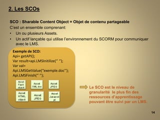 SCO : Sharable Content Object = Objet de contenu partageable
C’est un ensemble comprenant:
• Un ou plusieurs Assets.
• Un actif lançable qui utilise l’environnement du SCORM pour communiquer
avec le LMS.
14
Exemple de SCO:
Api= getAPI();
Var result=api.LMSInitilize(‘’ ‘’);
Var val=
Api.LMSGetValue(‘’exemple.doc’’);
Api.LMSFinish(‘’ ‘’);
Le SCO est le niveau de
granularité le plus fin des
ressources d’apprentissage
pouvant être suivi par un LMS.
2. Les SCOs
 