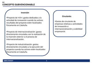 I+I

CONCEPTO SUBVENCIONABLE

Inversión
Circulante:

•Proyecto de I+D+i: gastos dedicados a la
actividad de innovación cuando los activos
resultados del proyecto estén localizados
físicamente en Cataluña.

•Gastos de circulante de
empresas relativas a actividades
de innovación e
internacionalización y viabilidad
empresarial.

•Proyecto de internacionalización: gastos
directamente vinculados con la realización de
la inversión exterior o el proceso de
internacionalización.
•Proyecto de industrialización: gastos
directamente vinculados a la ejecución del
proyecto cuando los activos estén localizados
físicamente en Cataluña.

ABRA INVEST

3

 