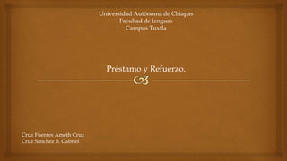 Universidad Autónoma de Chiapas
Facultad de lenguas
Campus Tuxtla
Préstamo y Refuerzo.
Cruz Fuentes Ameth Cruz
Cruz Sanchez B. Gabriel
 