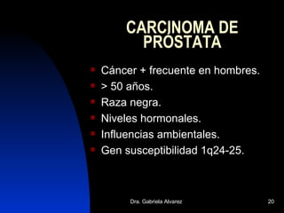 CARCINOMA DE PRÓSTATA Cáncer + frecuente en hombres. > 50 años. Raza negra. Niveles hormonales. Influencias ambientales. Gen susceptibilidad 1q24-25. 