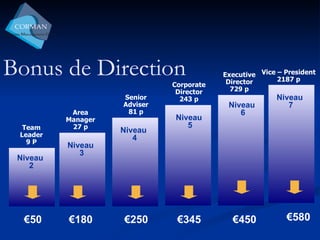 Bonus de Direction Niveau  2 Niveau  3 Niveau  4 Niveau  5 Niveau  6 Niveau  7 Vice – President 2187 p Corporate Director 243 p Executive Director 729 p Senior Adviser 81 p Area Manager 27 p Team Leader 9 P € 50 € 180 € 250 € 345 € 450 € 580 