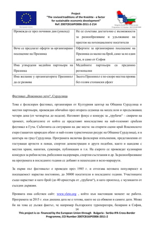 14
This project is co- financed by the European Union through Bulgaria - Serbia IPA Cross-Border
Programme, CCI Number 2007CB16IPO006-2011-2
Провежда се през почивни дни (уикенд) Не се съчетава достатъчно с възможности
за разнообразяване и удължаване на
престоя на потенциалните посетители
Вече се предлагат оферти за организирано
посещение на Празника
Офертите за организирано посещение на
Празника са малко на брой, само за по един
ден, и само от София
Има утвърдени медийни партньори на
Празника
Медийните партньори са предимно
регионални
Има желание у организаторите Празникът
да се развива
Засега Празникът е по-скоро местна проява
без голям стопански ефект
Фестивал „Власинско лето“, Сурдулица
Това е фолклорен фестивал, организиран от Културния център на Община Сурдулица и
местни партньори, провеждан обичайно през втората седмица на месец юли и продължаващ
четири дена (от четвъртък до неделя). Неговият фокус е конкурс за „трубачи“ – свирачи на
тромпет, победителите от който се представят впоследствие на най-големият сръбски
фестивал в Гуча. Събитията са ситуирани на две места: на открити сцени край Власинското
езеро (защитен природен обект и най-голям туристически ресурс на Община Сурдулица), и в
центъра на град Сурдулица. Програмата включва фолклорни изпълнения, представления от
гостуващи артисти и певци, спортни демонстрации и други подобни, както и щандове с
местни храни, напитки, сувенири, публикации и т.н. На езерото се провеждат кулинарни
конкурси за рибни ястия, риболовни надпревари, спортни състезания и др. За разнообразяване
на програмата в последните години се добавят и пешеходни и вело-маршрути.
За първи път фестивалът е проведен през 1985 г. и оттогава неговата популярност и
посещаемост нараства постоянно, до 30000 посетители в последните години. Участниците
също нарастват и като брой (до 40 оркестъра от „трубачи“), и като произход, с музиканти от
съседни държави.
Проявата има собствен сайт: www.vleto.org , който към настоящия момент не работи.
Програмата за 2015 г. към днешна дата не е готова, както не са обявени и самите дати. Може
би на това се дължи фактът, че например българските туроператори, базирани в София,
 
