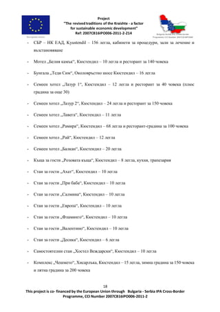 18
This project is co- financed by the European Union through Bulgaria - Serbia IPA Cross-Border
Programme, CCI Number 2007CB16IPO006-2011-2
- СБР – НК ЕАД, Kyustendil – 156 легла, кабинети за процедури, зали за лечение и
възстановяване
- Мотел „Белия камък“, Кюстендил – 10 легла и ресторант за 140 човека
- Бунгала „Теди Сим“, Околовръстно шосе Кюстендил – 16 легла
- Семеен хотел „Лазур 1“, Кюстендил – 12 легла и ресторант за 40 човека (плюс
градина за още 30)
- Семеен хотел „Лазур 2“, Кюстендил – 24 легла и ресторант за 150 човека
- Семеен хотел „Лавега“, Кюстендил – 11 легла
- Семеен хотел „Рамира“, Кюстендил – 68 легла и ресторант-градина за 100 човека
- Семеен хотел „Рай“, Кюстендил – 12 легла
- Семеен хотел „Балкан“, Кюстендил – 20 легла
- Къща за гости „Розовата къща“, Кюстендил – 8 легла, кухня, трапезария
- Стаи за гости „Ахат“, Кюстендил – 10 легла
- Стаи за гости „При баба“, Кюстендил – 10 легла
- Стаи за гости „Салмина“, Кюстендил – 10 легла
- Стаи за гости „Европа“, Кюстендил – 10 легла
- Стаи за гости „Фламинго“, Кюстендил – 10 легла
- Стаи за гости „Валентино“, Кюстендил – 10 легла
- Стаи за гости „Десика“, Кюстендил – 6 легла
- Самостоятелни стаи „Хостел Веждарски“, Кюстендил – 10 легла
- Комплекс „Чешмето“, Хисарлъка, Кюстендил – 15 легла, зимна градина за 150 човека
и лятна градина за 200 човека
 