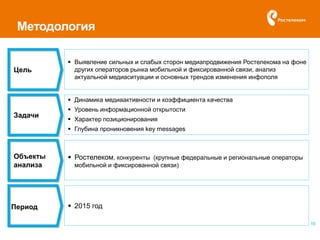10
Цель
 Выявление сильных и слабых сторон медиапродвижения Ростелекома на фоне
других операторов рынка мобильной и фиксированной связи, анализ
актуальной медиаситуации и основных трендов изменения инфополя
Задачи
 Динамика медиаактивности и коэффициента качества
 Уровень информационной открытости
 Характер позиционирования
 Глубина проникновения key messages
Объекты
анализа
 Ростелеком, конкуренты (крупные федеральные и региональные операторы
мобильной и фиксированной связи)
Период  2015 год
Методология
 