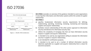 ISO 27036
ISO 27036-1 provides an overview of the guidance intended to assist organizations
in securing their information and information systems within the context of supplier
relationships.
ISO 27036-2:
a) specifies fundamental information security requirements for defining,
implementing, operating, monitoring, reviewing, maintaining and improving
supplier and acquirer relationships;
b) facilitates mutual understanding of the other party’s approach to information
security and tolerance for information security risks;
c) reflects the complexity of managing risks that can have information security
impacts in supplier and acquirer relationships;
d) is intended to be used by any organization willing to evaluate the information
security in supplier or acquirer relationships;
e) is not intended for certification purposes;
f) is intended to be used to set a number of defined information security
objectives applicable to a supplier and acquirer relationship that is a basis for
assurance purposes.
 