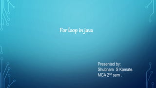 For loop in java
Presented by:
Shubham S Kamate.
MCA 2nd sem .
 
