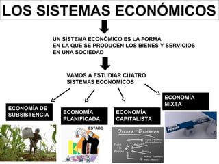 LOS SISTEMAS ECONÓMICOS
UN SISTEMA ECONÓMICO ES LA FORMA
EN LA QUE SE PRODUCEN LOS BIENES Y SERVICIOS
EN UNA SOCIEDAD
VAMOS A ESTUDIAR CUATRO
SISTEMAS ECONÓMICOS
ECONOMÍA DE
SUBSISTENCIA ECONOMÍA
CAPITALISTA
ECONOMÍA
PLANIFICADA
ECONOMÍA
MIXTA
ESTADO
 