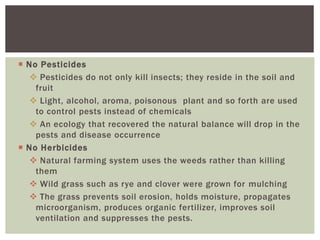  No Pesticides
 Pesticides do not only kill insects; they reside in the soil and
fruit
 Light, alcohol, aroma, poisonous plant and so forth are used
to control pests instead of chemicals
 An ecology that recovered the natural balance will drop in the
pests and disease occurrence
 No Herbicides
 Natural farming system uses the weeds rather than killing
them
 Wild grass such as rye and clover were grown for mulching
 The grass prevents soil erosion, holds moisture, propagates
microorganism, produces organic fertilizer, improves soil
ventilation and suppresses the pests.
 