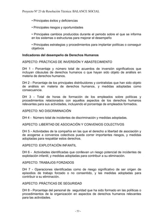 Proyecto Nº 23 de Resolución Técnica: BALANCE SOCIAL

      • Principales éxitos y deficiencias

      • Principales riesgos y oportunidades

      • Principales cambios producidos durante el periodo sobre el que se informa
      en los sistemas o estructuras para mejorar el desempeño

      • Principales estrategias y procedimientos para implantar políticas o conseguir
      objetivos

Indicadores del desempeño de Derechos Humanos

ASPECTO: PRÁCTICAS DE INVERSIÓN Y ABASTECIMIENTO

DH 1 - Porcentaje y número total de acuerdos de inversión significativos que
incluyan cláusulas de derechos humanos o que hayan sido objeto de análisis en
materia de derechos humanos.

DH 2 - Porcentaje de los principales distribuidores y contratistas que han sido objeto
de análisis en materia de derechos humanos, y medidas adoptadas como
consecuencia.

DH 3 - Total de horas de formación de los empleados sobre políticas y
procedimientos relacionados con aquellos aspectos de los derechos humanos
relevantes para sus actividades, incluyendo el porcentaje de empleados formados.

ASPECTO: NO DISCRIMINACIÓN

DH 4 - Número total de incidentes de discriminación y medidas adoptadas.

ASPECTO: LIBERTAD DE ASOCIACIÓN Y CONVENIOS COLECTIVOS

DH 5 - Actividades de la compañía en las que el derecho a libertad de asociación y
de acogerse a convenios colectivos pueda correr importantes riesgos, y medidas
adoptadas para respaldar estos derechos.

ASPECTO: EXPLOTACIÓN INFANTIL

DH 6 - Actividades identificadas que conllevan un riesgo potencial de incidentes de
explotación infantil, y medidas adoptadas para contribuir a su eliminación.

ASPECTO: TRABAJOS FORZADOS

DH 7 - Operaciones identificadas como de riesgo significativo de ser origen de
episodios de trabajo forzado o no consentido, y las medidas adoptadas para
contribuir a su eliminación.

ASPECTO: PRÁCTICAS DE SEGURIDAD

DH 8 - Porcentaje del personal de seguridad que ha sido formado en las políticas o
procedimientos de la organización en aspectos de derechos humanos relevantes
para las actividades.



                                       - 53 -
 