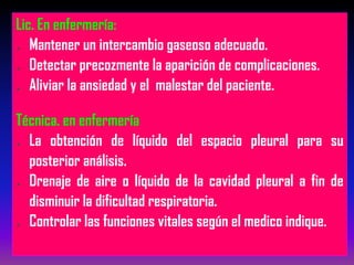Lic. En enfermería:
Mantener un intercambio gaseoso adecuado.
Detectar precozmente la aparición de complicaciones.
Aliviar la ansiedad y el malestar del paciente.
Técnica. en enfermería
La obtención de líquido del espacio pleural para su
posterior análisis.
Drenaje de aire o líquido de la cavidad pleural a fin de
disminuir la dificultad respiratoria.
Controlar las funciones vitales según el medico indique.
 