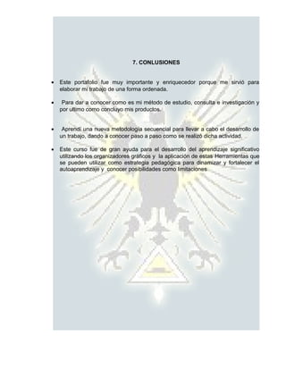 7. CONLUSIONES


•   Este portafolio fue muy importante y enriquecedor porque me sirvió para
    elaborar mi trabajo de una forma ordenada.

•    Para dar a conocer como es mi método de estudio, consulta e investigación y
    por ultimo como concluyo mis productos.


•    Aprendí una nueva metodología secuencial para llevar a cabo el desarrollo de
    un trabajo, dando a conocer paso a paso como se realizó dicha actividad.

•   Este curso fue de gran ayuda para el desarrollo del aprendizaje significativo
    utilizando los organizadores gráficos y la aplicación de estas Herramientas que
    se pueden utilizar como estrategia pedagógica para dinamizar y fortalecer el
    autoaprendizaje y conocer posibilidades como limitaciones
 