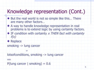 Knowledge representation (Cont.)
   But the real world is not so simple like this… There
   are many other factors…
   A way to handle knowledge representation in real
   problems is to extend logic by using certainty factors.
   IF condition with certainty x THEN fact with certainty
   f(x)
  Replace
smoking -> lung cancer
              or

lotsofconditions, smoking -> lung cancer
With

P(lung cancer | smoking) = 0.6
                                                             5
 