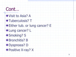 Cont…
 Visit to Asia? A
 Tuberculosis? T
 Either tub. or lung cancer? E
 Lung cancer? L
 Smoking? S
 Bronchitis? B
 Dyspnoea? D
 Positive X-ray? X
                                 8
 
