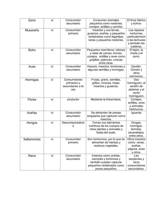 Zorro sí Consumidor
secundario
Consumen animales
pequeños como roedores,
conejos, ardillas y carroña.
El lince ibérico
y búhos.
Musaraña sí Consumidor
primario
Insectos y sus larvas,
gusanos, arañas, y pequeños
vertebrados como lagartijas,
ranas y pequeños roedores.
Las rapaces
nocturnas,
particularment
e las lechuzas
y también las
culebras.
Búho sí Consumidor
secundario
Pequeños mamíferos: ratones
y ratas de campo, lirones,
conejos, ardillas y aves como
grajillas, palomas, urracas
entre otras.
El tejón, la
marta y el
zorro.
Aves sí Consumidor
secundario
Huevos, insectos, lombrices y
algunas semillas y hormigas.
Gavilán,
Cóndor y
otros
carnívoros.
Hormigas sí Consumidores
primarios y
secundarios a la
vez
Frutas, grano, semillas,
grillos, moscas, hojas,
insectos y gusanos.
Oso
hormiguero, el
serafín de
platanar y el
cerdo
hormiguero
Flores sí productor Mediante la fotosíntesis. Conejos,
ardillas, aves
y animales
herbívoros.
Arañas sí Consumidor
secundario
Se alimentan de presas
singulares que capturan como
insectos.
Iguanas
Hongos sí Descomponedore
s
Toman sus elementos
nutritivos de los cuerpos de
otras plantas y animales y
hasta del suelo.
Orugas,
hormigas,
termitas,
escarabajos,
entre otros.
Saltamontes sí Consumidor
primario
Son herbívoros, por lo que se
alimentan de hierbas y
residuos vegetales.
Otros insectos
como: ranas,
arañas,
pájaros, aves
y otros.
Rana sí Consumidor
secundario
Insectos como arañas,
ciempiés y lombrices y
también pueden capturar
pequeños vertebrados como
peces pequeños.
Las
serpientes y
otros
consumidores
secundarios.
 
