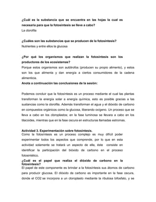 ¿Cuál es la substancia que se encuentra en las hojas la cual es
necesaria para que la fotosíntesis se lleve a cabo?
La clorofila
¿Cuáles son las substancias que se producen de la fotosíntesis?
Nutrientes y entre ellos la glucosa
¿Por qué los organismos que realizan la fotosíntesis son los
productores de los ecosistemas?
Porque estos organismos son autótrofos (producen su propio alimento), y estos
son los que alimenta y dan energía a ciertos consumidores de la cadena
alimenticia.
Anota a continuación las conclusiones de la sesión:
Podemos concluir que la fotosíntesis es un proceso mediante el cual las plantas
transforman la energía solar a energía química, esto es posible gracias a las
sustancias como la clorofila. Además transforman el agua y el dióxido de carbono
en compuestos orgánicos como la glucosa, liberando oxígeno. Un proceso que se
lleva a cabo en los cloroplastos; en la fase luminosa se llevara a cabo en los
tilacoides, mientras que en la fase oscura en estructuras llamadas estromas.
Actividad 3. Experimentación sobre fotosíntesis.
Como la fotosíntesis es un proceso complejo es muy difícil poder
experimentar todos los aspectos que comprende, por lo que en esta
actividad solamente se tratará un aspecto de ella, éste consiste en
identificar la participación del bióxido de carbono en el proceso
fotosintético.
¿Cuál es el papel que realiza el dióxido de carbono en la
fotosíntesis?
El papel de este componente es brindar a la fotosíntesis sus átomos de carbono
para producir glucosa. El dióxido de carbono es importante en la fase oscura,
donde el CO2 se incorpora a un cloroplasto mediante la ribulosa bifosfato, y se
 