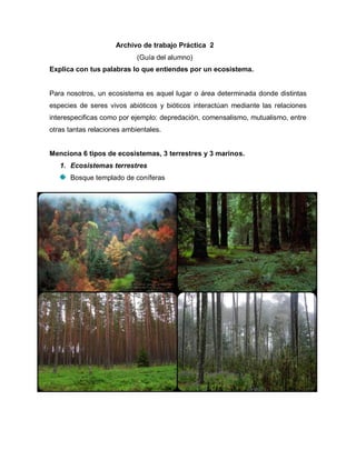 Archivo de trabajo Práctica 2
(Guía del alumno)
Explica con tus palabras lo que entiendes por un ecosistema.
Para nosotros, un ecosistema es aquel lugar o área determinada donde distintas
especies de seres vivos abióticos y bióticos interactúan mediante las relaciones
interespecificas como por ejemplo: depredación, comensalismo, mutualismo, entre
otras tantas relaciones ambientales.
Menciona 6 tipos de ecosistemas, 3 terrestres y 3 marinos.
1. Ecosistemas terrestres
Bosque templado de coníferas
 