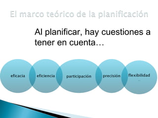 eficacia eficiencia participación pertinencia previsión
Al planificar, hay cuestiones
a tener en cuenta…