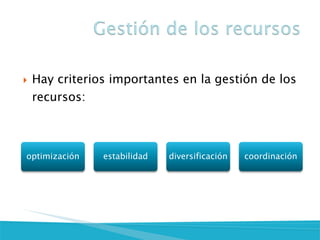 Hay criterios importantes en la gestión de los recursos:
optimización
estabilidad
diversificación
coordinación
