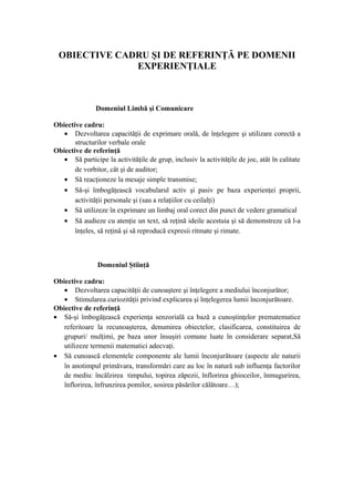 OBIECTIVE CADRU ŞI DE REFERINŢĂ PE DOMENII
              EXPERIENŢIALE



               Domeniul Limbă şi Comunicare

Obiective cadru:
   • Dezvoltarea capacităţii de exprimare orală, de înţelegere şi utilizare corectă a
       structurilor verbale orale
Obiective de referinţă
   • Să participe la activităţile de grup, inclusiv la activităţile de joc, atât în calitate
       de vorbitor, cât şi de auditor;
   • Să reacţioneze la mesaje simple transmise;
   • Să-şi îmbogăţească vocabularul activ şi pasiv pe baza experienţei proprii,
       activităţii personale şi (sau a relaţiilor cu ceilalţi)
   • Să utilizeze în exprimare un limbaj oral corect din punct de vedere gramatical
   • Să audieze cu atenţie un text, să reţină ideile acestuia şi să demonstreze că l-a
       înţeles, să reţină şi să reproducă expresii ritmate şi rimate.



                Domeniul Ştiinţă

Obiective cadru:
   • Dezvoltarea capacităţii de cunoaştere şi înţelegere a mediului înconjurător;
   • Stimularea curiozităţii privind explicarea şi înţelegerea lumii înconjurătoare.
Obiective de referinţă
• Să-şi îmbogăţească experienţa senzorială ca bază a cunoştinţelor prematematice
   referitoare la recunoaşterea, denumirea obiectelor, clasificarea, constituirea de
   grupuri/ mulţimi, pe baza unor însuşiri comune luate în considerare separat,Să
   utilizeze termenii matematici adecvaţi.
• Să cunoască elementele componente ale lumii înconjurătoare (aspecte ale naturii
   în anotimpul primăvara, transformări care au loc în natură sub influenţa factorilor
   de mediu: încălzirea timpului, topirea zăpezii, înflorirea ghioceilor, înmugurirea,
   înflorirea, înfrunzirea pomilor, sosirea păsărilor călătoare…);
 